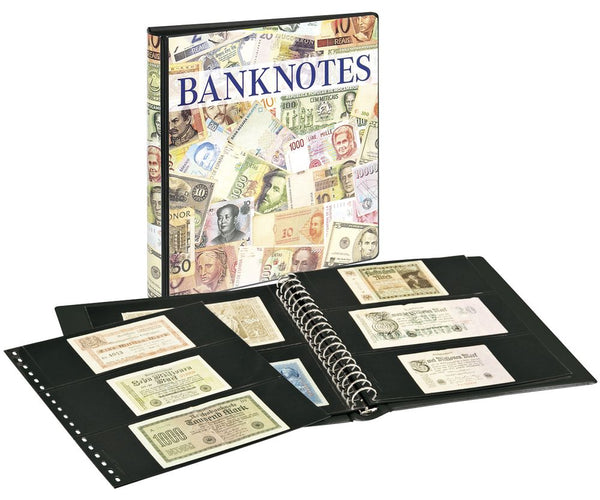 Banknotenalbum mit 10 schwarzen Klarsichthüllen + Kassette